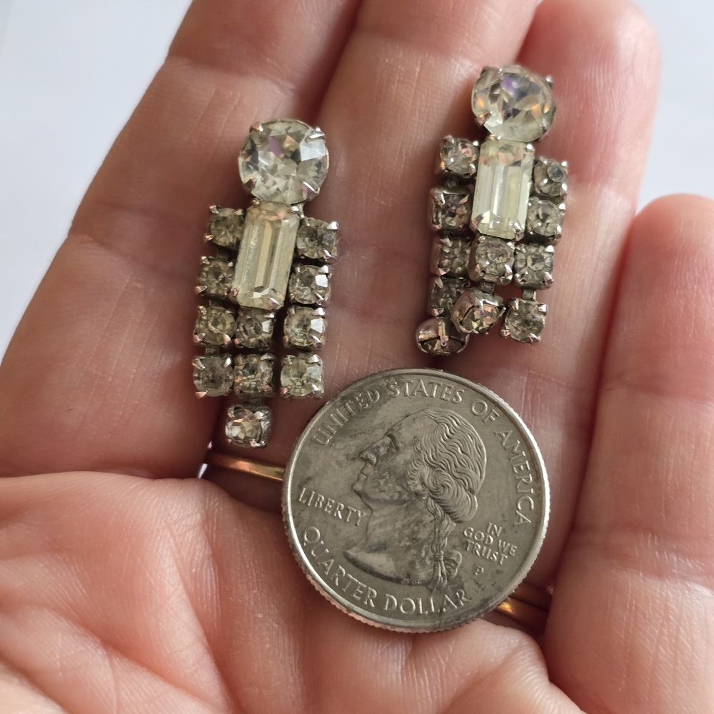 Vintage earrings Sparkly rhinestones old Hollywood glam prom black tie formal - Picture 11 of 11